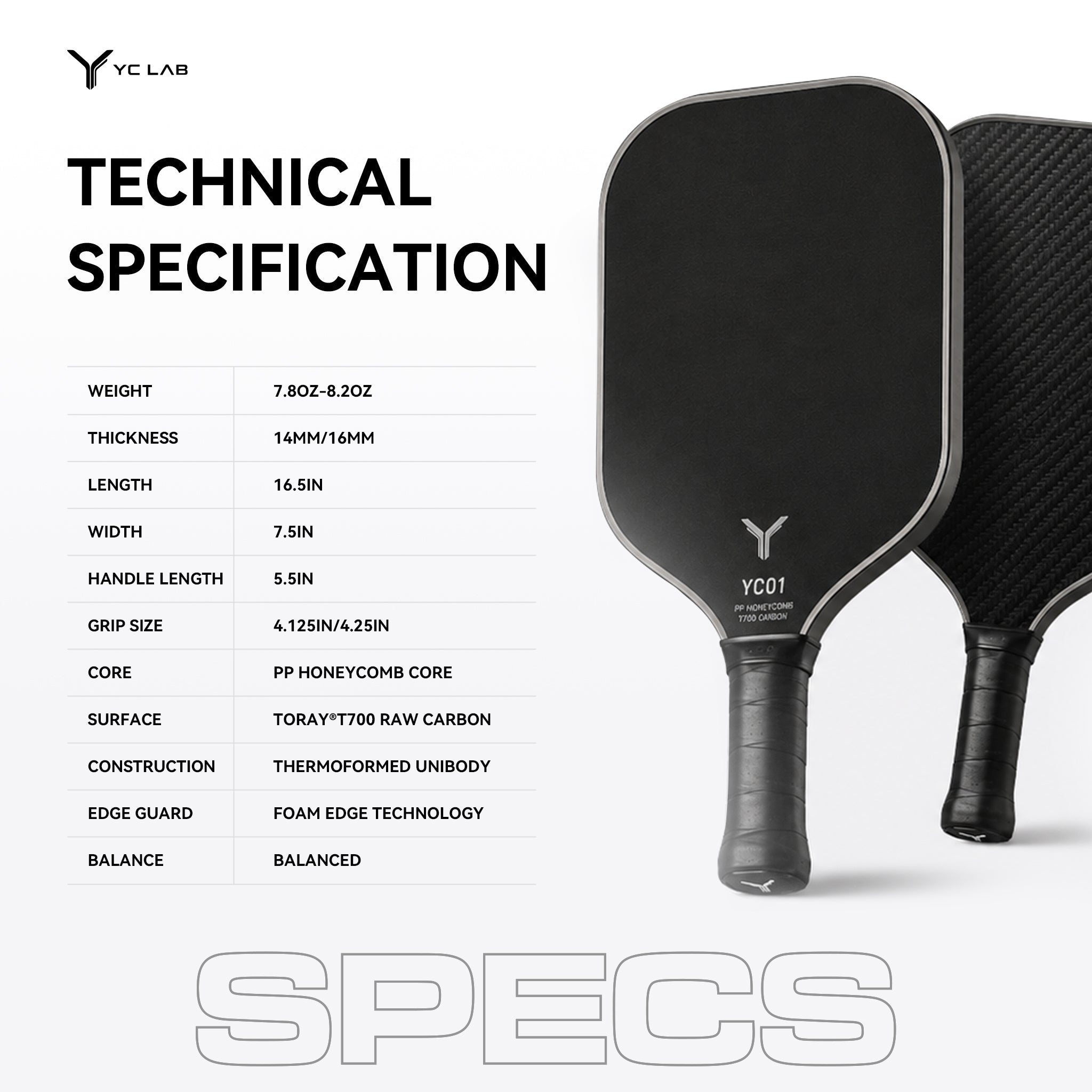 YC01 Thermoformed Pickleball Paddle | PP Honeycomb Core | Toray® T700 Carbon Fiber | Private Label & Custom Development