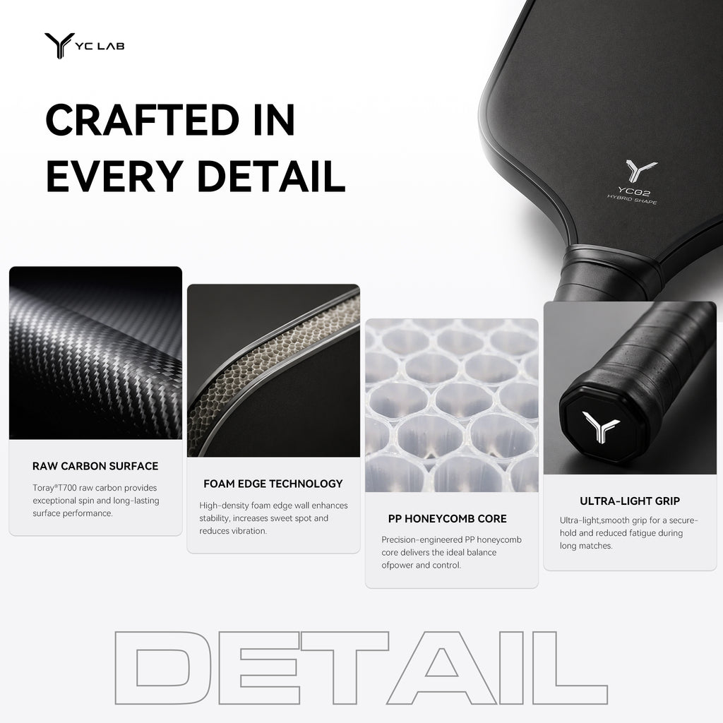YC02 Hybrid Thermoformed Pickleball Paddle | PP Honeycomb Core | Toray® T700 Carbon Fiber | Private Label & Custom Development