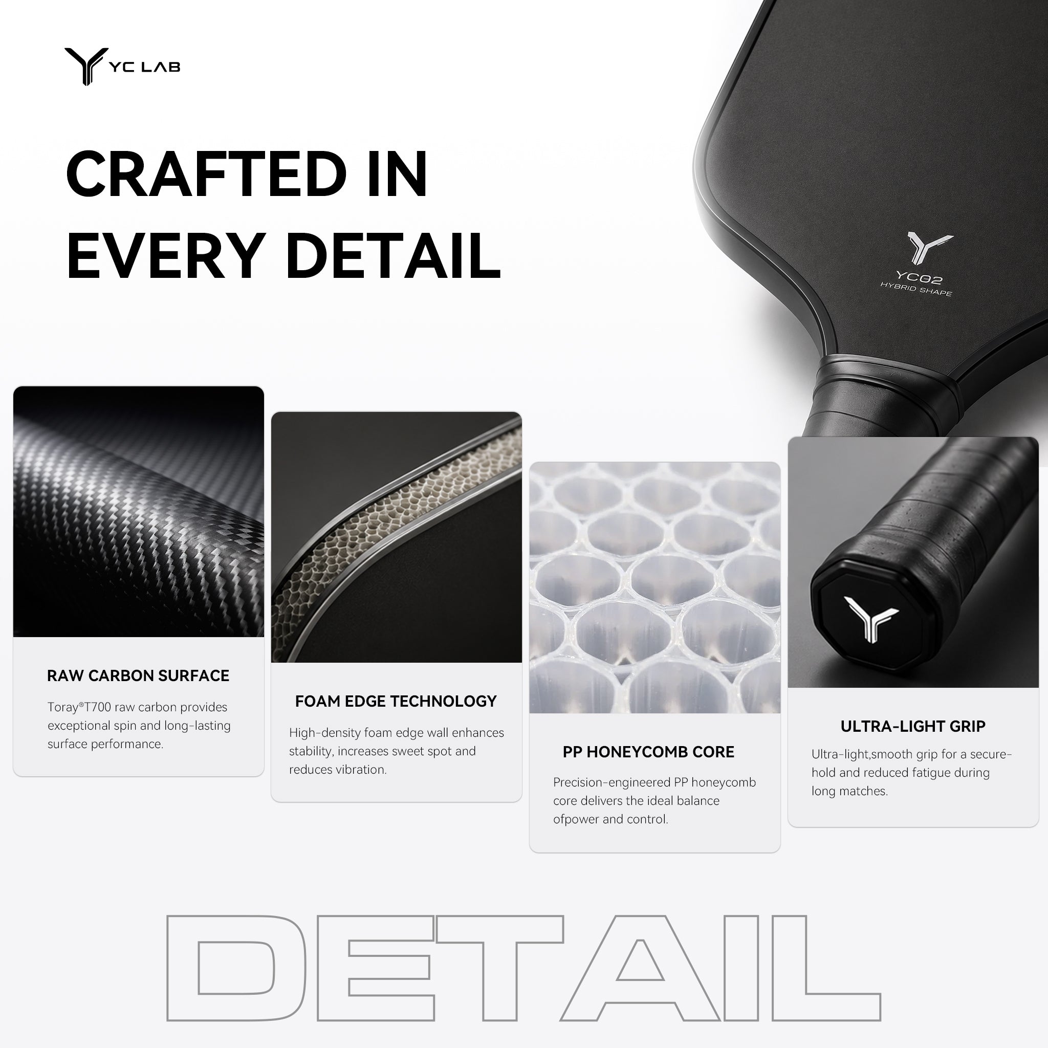 YC02 Hybrid Thermoformed Pickleball Paddle | PP Honeycomb Core | Toray® T700 Carbon Fiber | Private Label & Custom Development