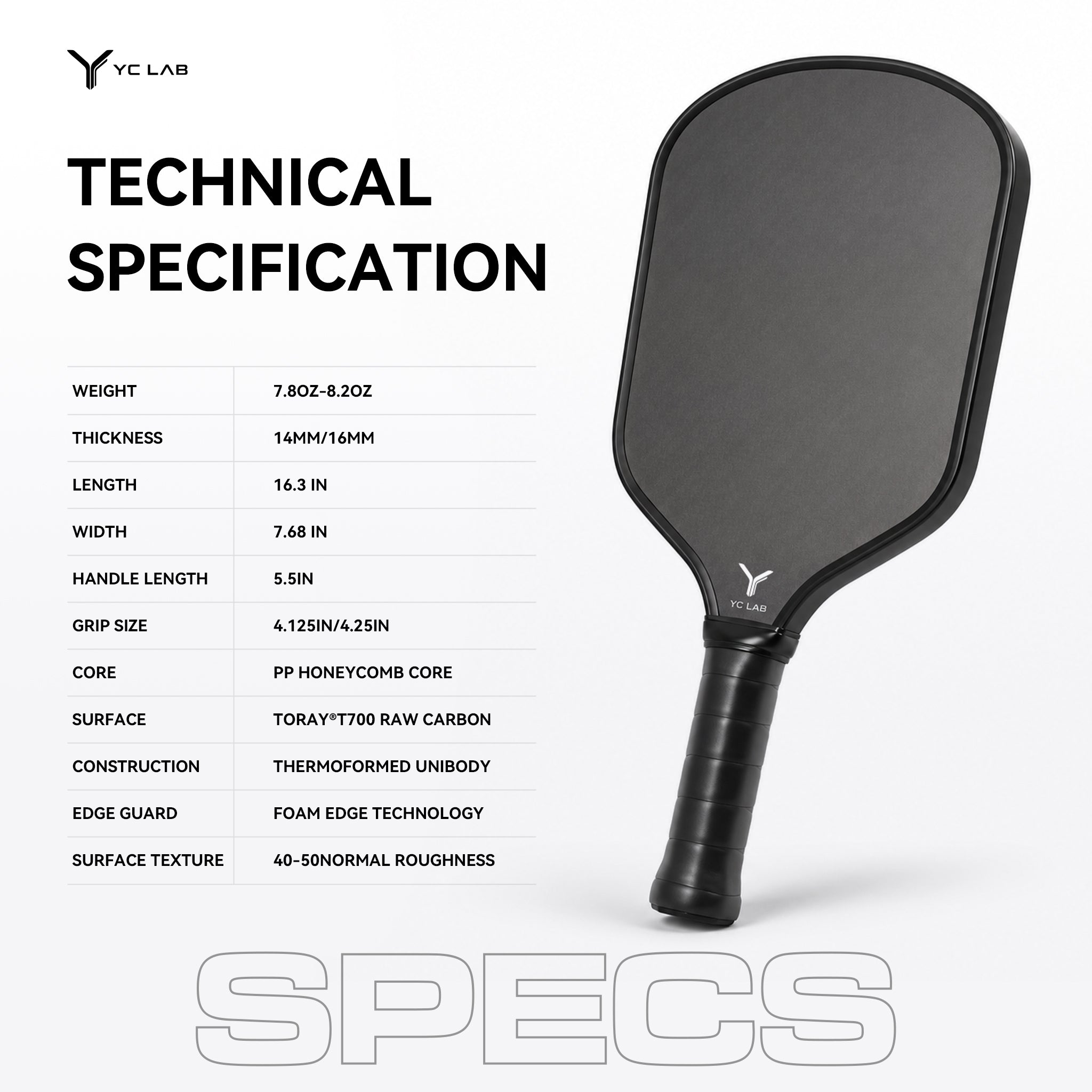 YC02 Hybrid Thermoformed Pickleball Paddle | PP Honeycomb Core | Toray® T700 Carbon Fiber | Private Label & Custom Development