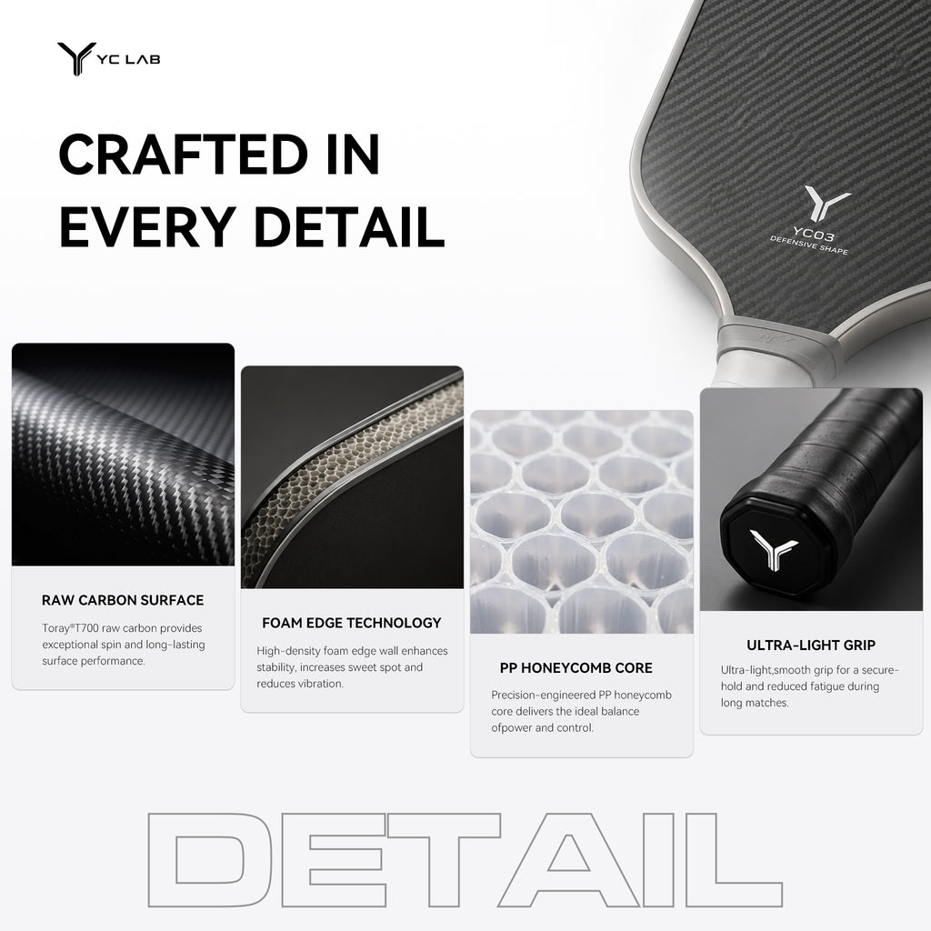 YC03 Widebody Shape Thermoformed Pickleball Paddle | PP Honeycomb Core | Toray® T700 Carbon Fiber | Private Label & Custom Development