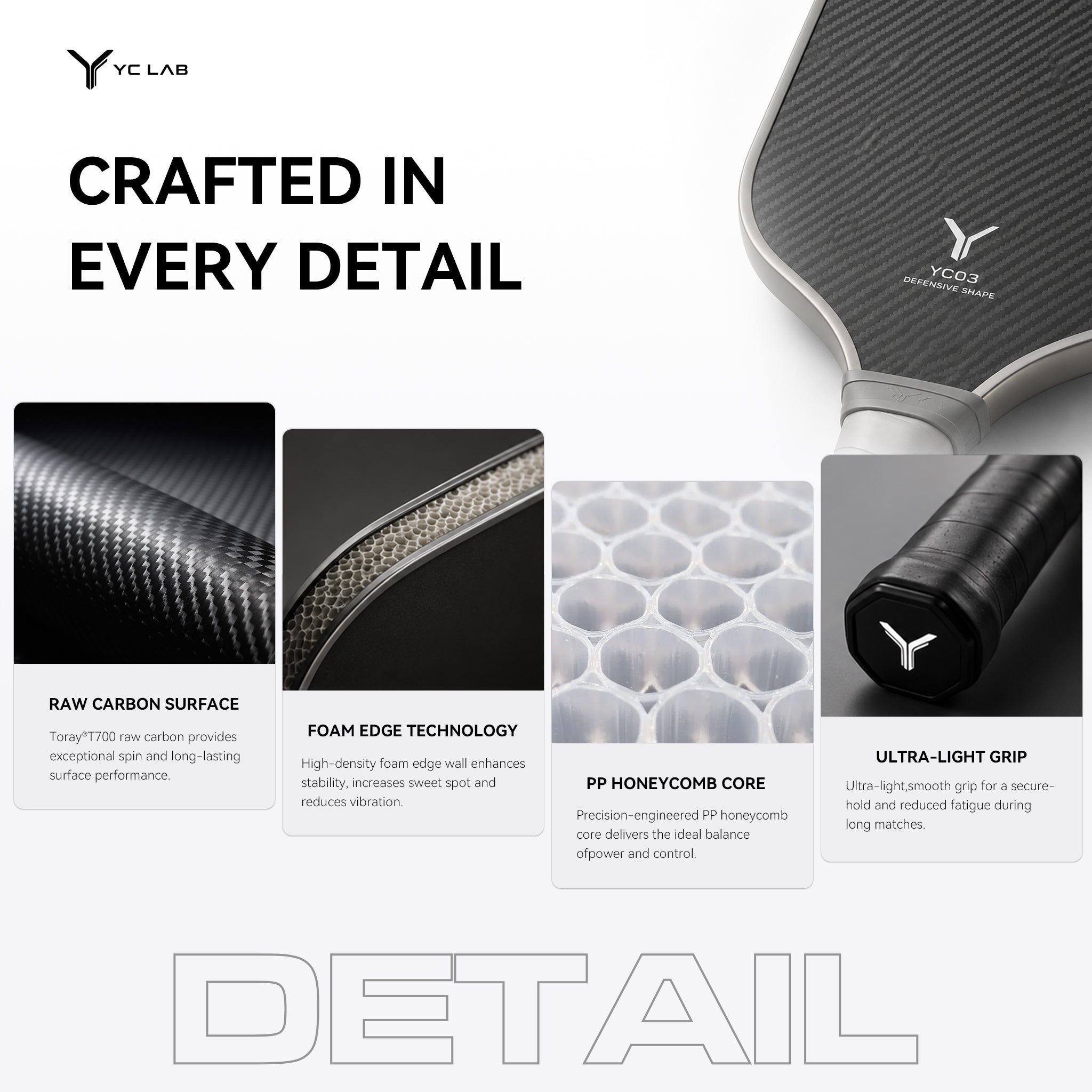 YC03 Widebody Shape Thermoformed Pickleball Paddle | PP Honeycomb Core | Toray® T700 Carbon Fiber | Private Label & Custom Development