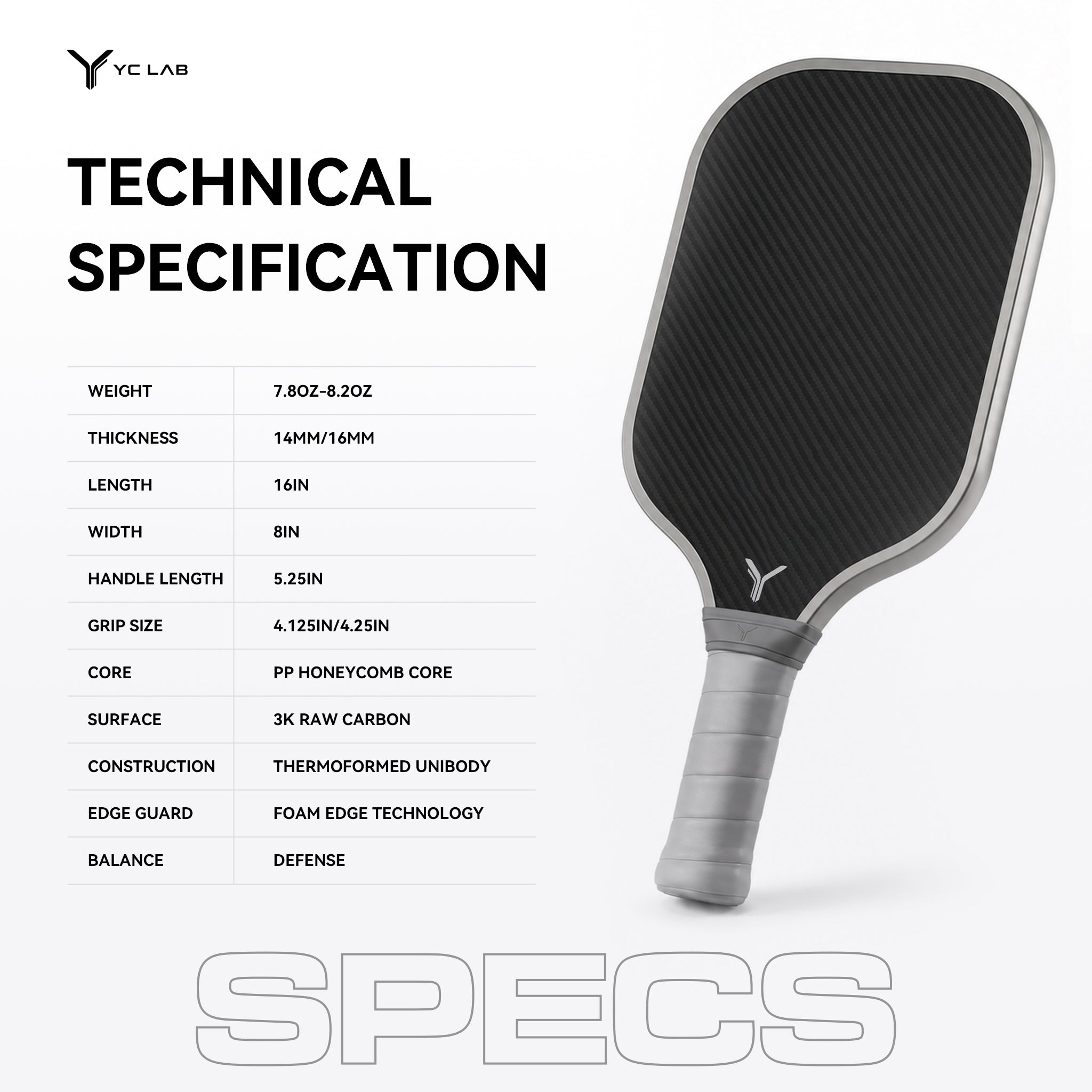 YC03 Widebody Shape Thermoformed Pickleball Paddle | PP Honeycomb Core | Toray® T700 Carbon Fiber | Private Label & Custom Development