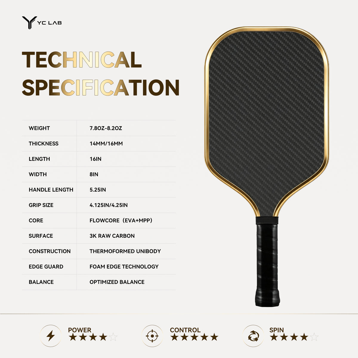 YM01 FlowCore™ Thermoformed Pickleball Paddle | EVA+MPP Core | 3K Carbon Fiber | Diamond Surface